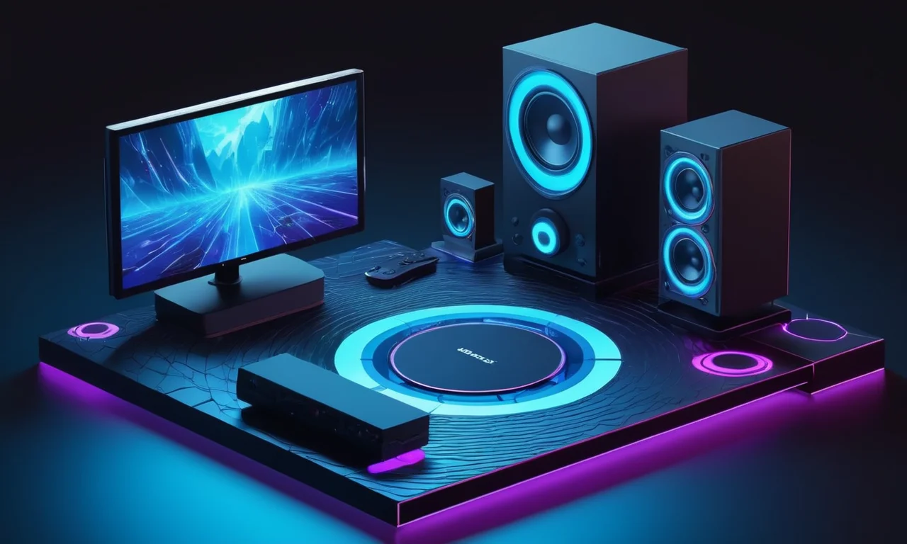 Ilustración de arte conceptual de ondas de sonido y dispositivos de juego futuristas en un entorno elegante y de alta tecnología.