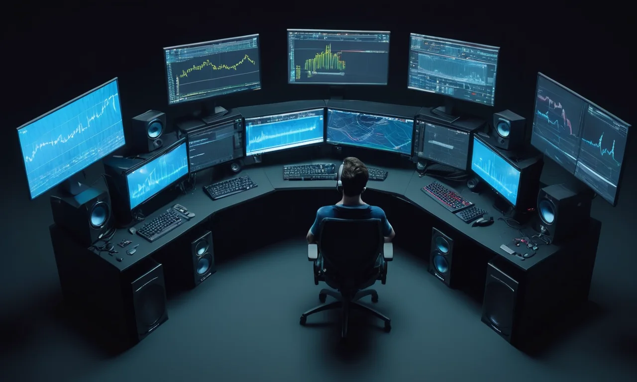 Un desarrollador de juegos rodeado de pantallas de computadora y equipo de sonido, con un gráfico que muestra técnicas avanzadas de mezcla de audio.