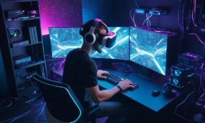 Un jugador con auriculares VR rodeado de equipo de computación futurista.