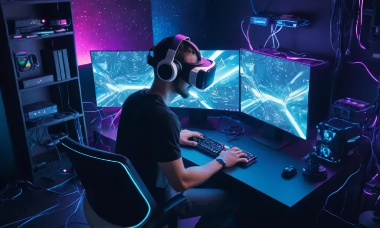 Un jugador con auriculares VR rodeado de equipo de computación futurista.