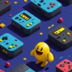 Pac-Man carácter rodeado de consolas y símbolos retro de videojuegos