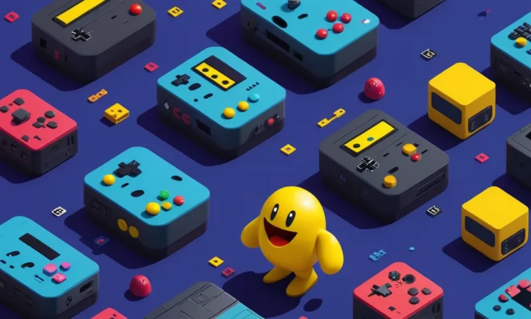 Pac-Man carácter rodeado de consolas y símbolos retro de videojuegos