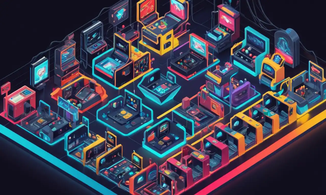 Máquinas de arcade de la vieja escuela rodeadas de modernos dispositivos tecnológicos y cables.