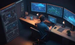 Un desarrollador de juegos sentado frente a una pantalla de computadora mostrando un software de diseño narrativo de juego interactivo.