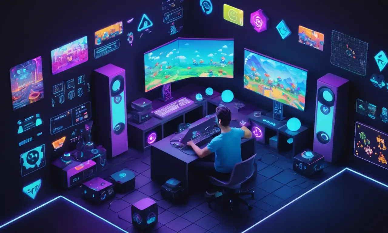 Una persona jugando un videojuego en una consola rodeada de pantallas y símbolos de codificación.