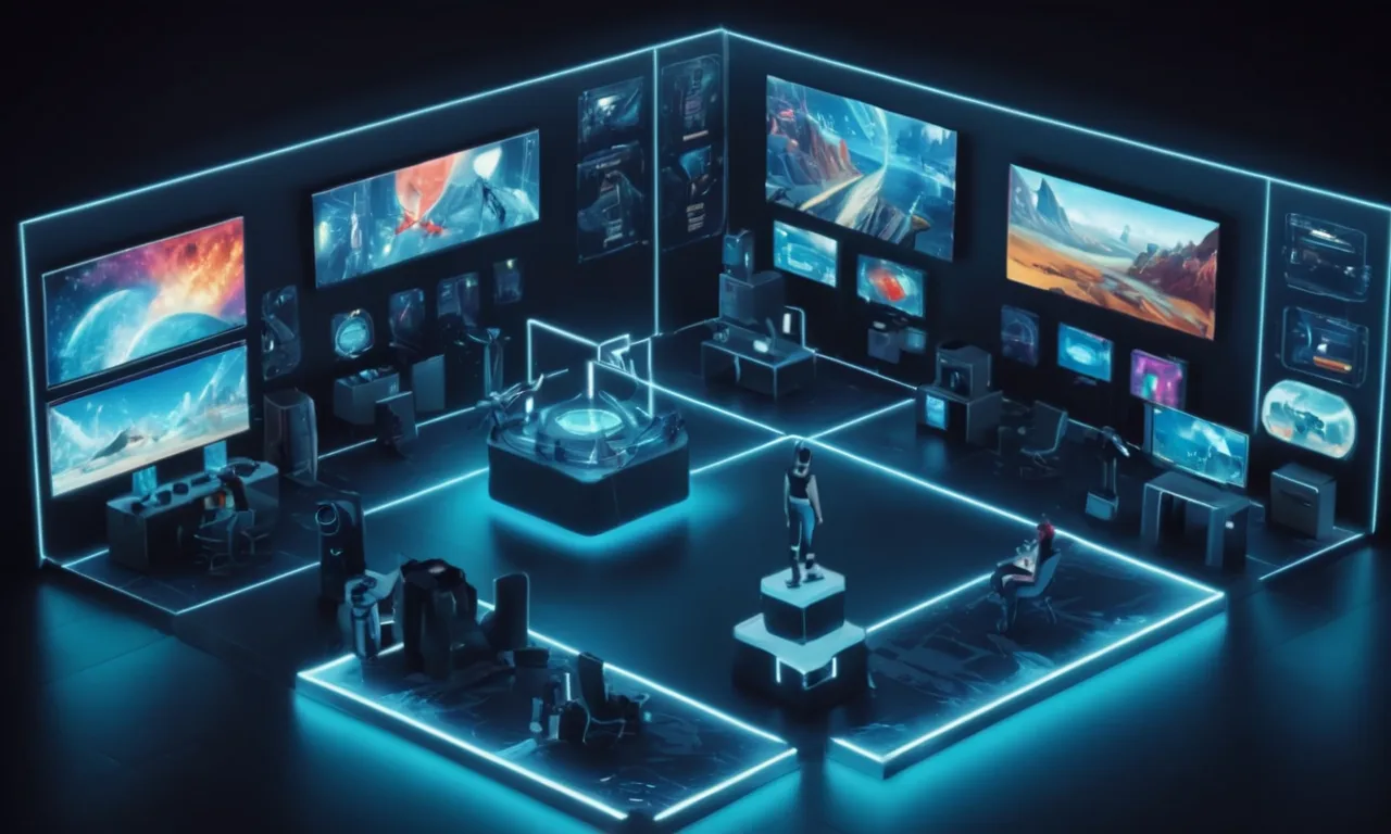 Una persona jugando un juego de realidad virtual inmersiva rodeado de pantallas y equipos futuristas.