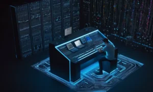 Una persona sentada frente a una consola de mezcla de audio futurista rodeada de ondas de sonido y hojas de notación musical.