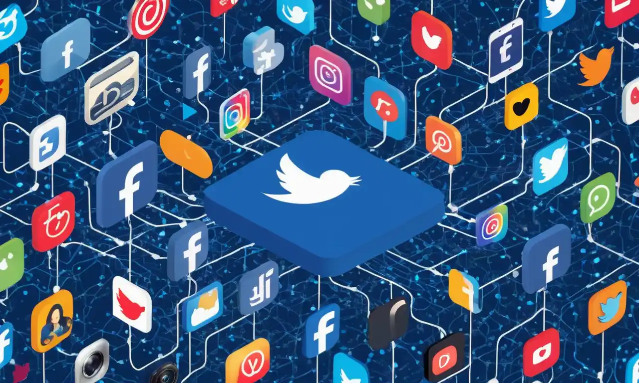 Collage of iconic social media logos (por ejemplo, Facebook, Twitter, Instagram) rodeado de conexiones globales y líneas de datos.