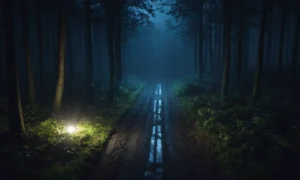 Un oscuro y mal camino de bosque por la noche