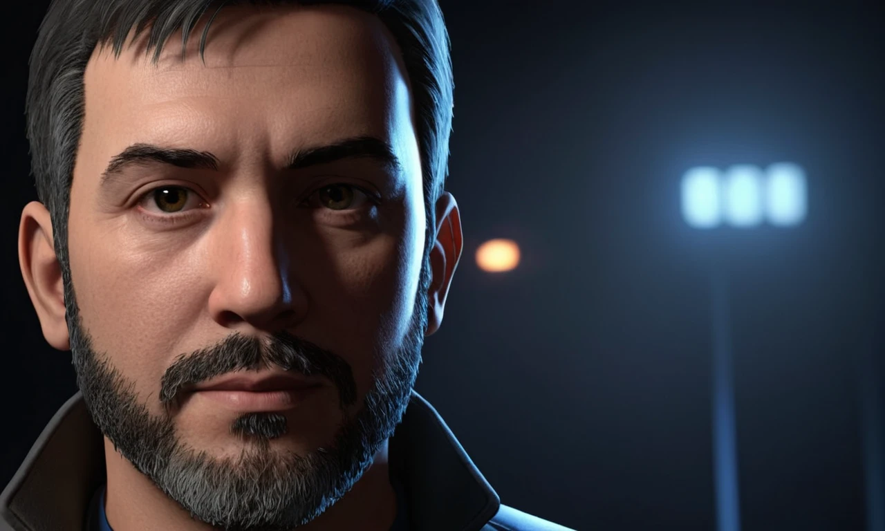 Un acercamiento del desarrollador titular del juego Alan Wakes cara con iluminación estrepitosa y un fondo oscuro.