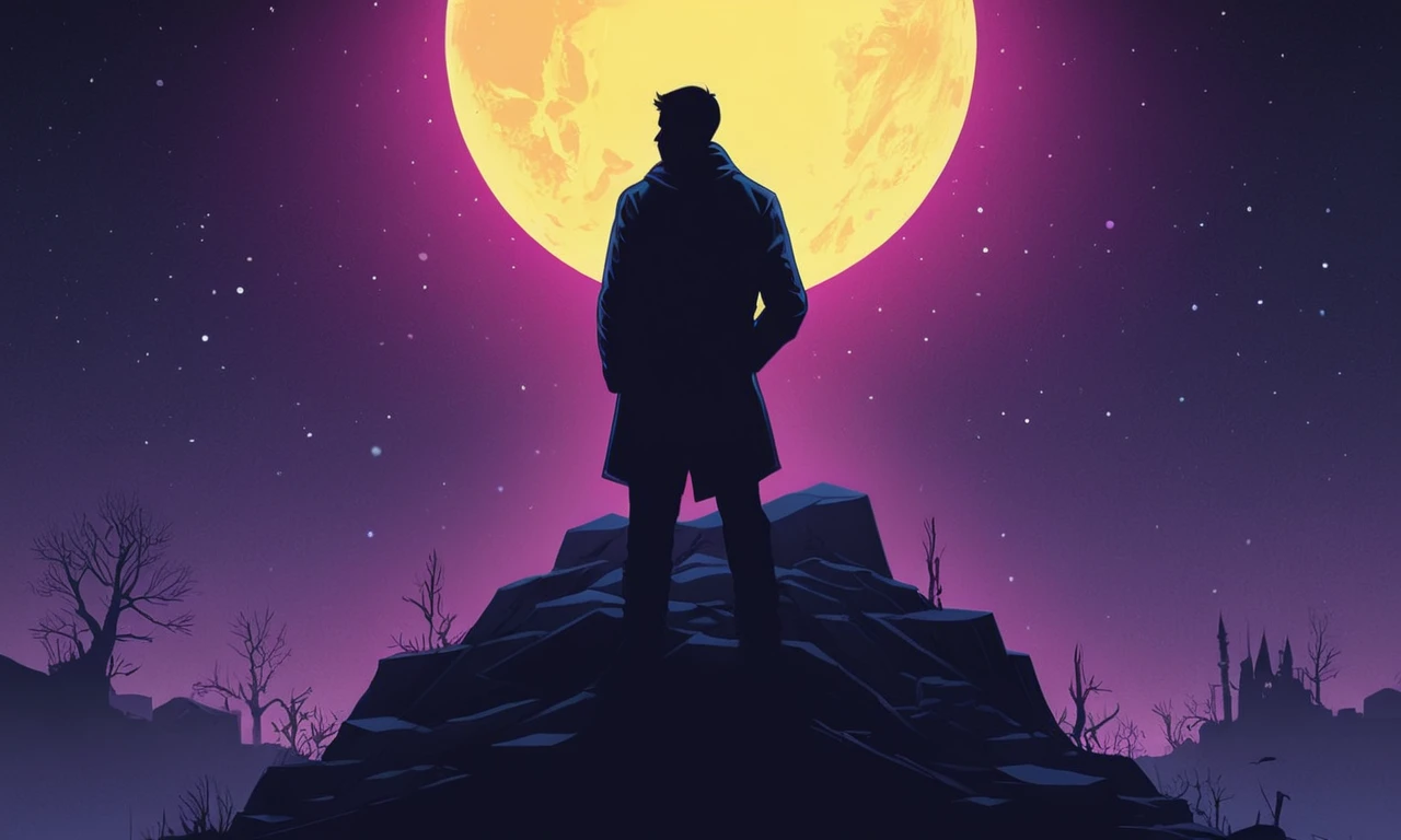 Una ilustración de la silueta de Alan Wakes con luces brillantes y alrededores extraños.