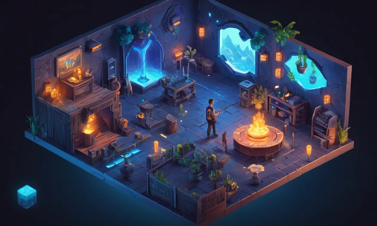 Arte conceptual que representa a un jugador interactuando con un mundo de juego inmersivo con audio.