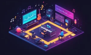 Un desarrollador de juegos trabajando en una interfaz de diseño de sonido con notas de música y efectos de sonido que los rodean.