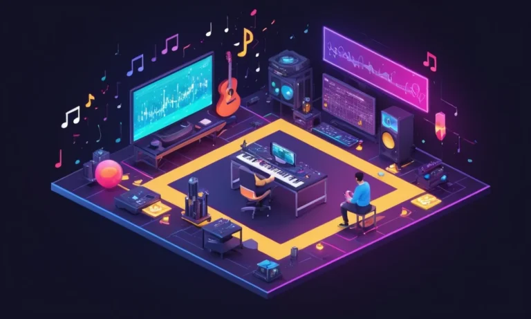 Un desarrollador de juegos trabajando en una interfaz de diseño de sonido con notas de música y efectos de sonido que los rodean.