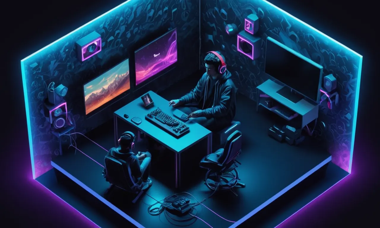 Un jugador inmerso en un mundo virtual rodeado de ondas de sonido y auriculares.