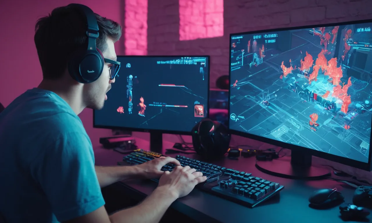 Una pantalla de ordenador mostrando códigos de error y problemas gráficos con un jugador frustrado en el fondo.