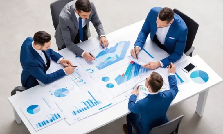 Un equipo de profesionales revisando gráficos y planes sobre una mesa.