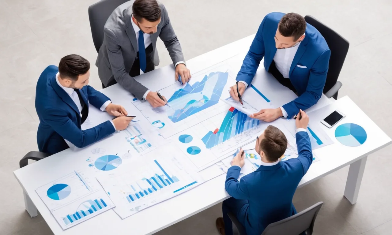 Un equipo de profesionales revisando gráficos y planes sobre una mesa.