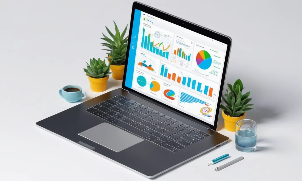 Un profesional trabajando en un portátil con varias herramientas de marketing y planes mostrados en la pantalla.