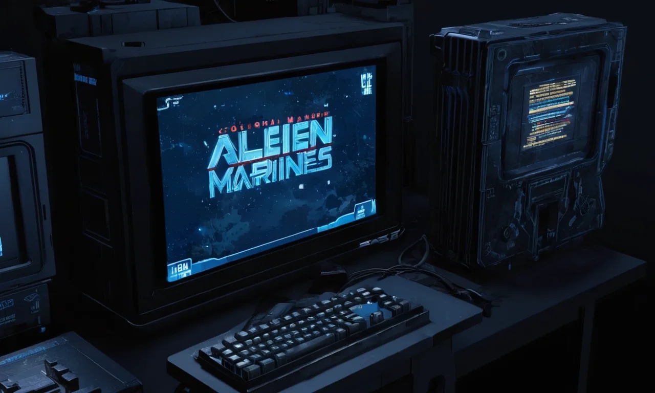 Una consola de videojuego roto con los extranjeros: Colonial Marines logotipo y mensajes de error en la pantalla.