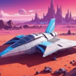 Una nave espacial rota en un planeta estéril con un titular de noticias No Mans Sky en el fondo.