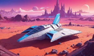 Una nave espacial rota en un planeta estéril con un titular de noticias No Mans Sky en el fondo.