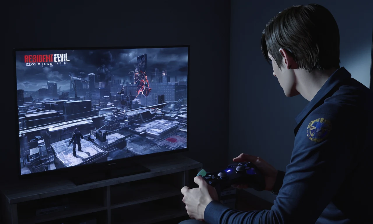 Gamer sosteniendo un controlador delante de un televisor mostrando el Resident Evil 6 juego con gráficos de la industria y críticas alrededor.