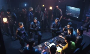 Un grupo de jugadores discuten sus opiniones sobre el videojuego Resident Evil 6 en una convención de juego.