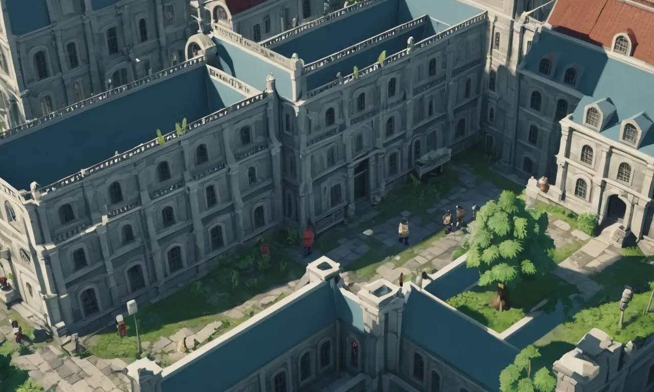 Un complejo escenario de fondo para un juego, con personajes de la serie Resident Evil en primer plano.