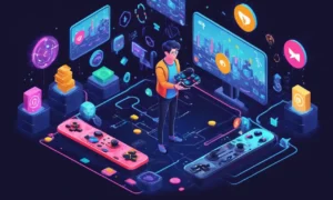 Una persona que tiene un controlador en medio de un fondo de símbolos regulatorios