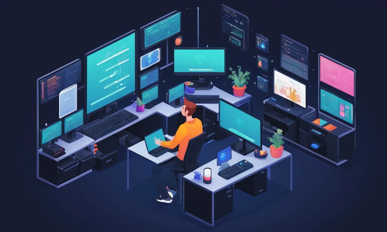 Un desarrollador rodeado de archivos de codificación e interfaces de juego en múltiples pantallas.