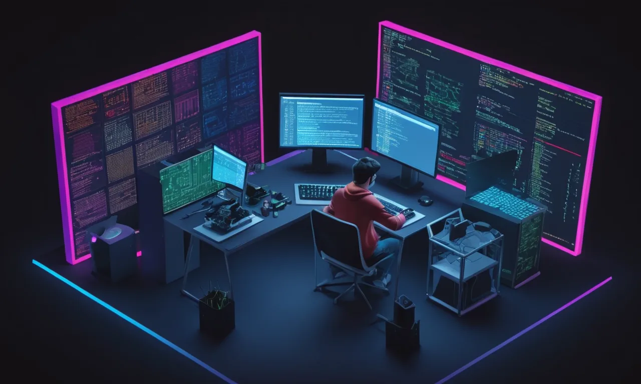 Un programador escribiendo código en una pantalla de computadora rodeado de software de desarrollo del juego y notas de programación.