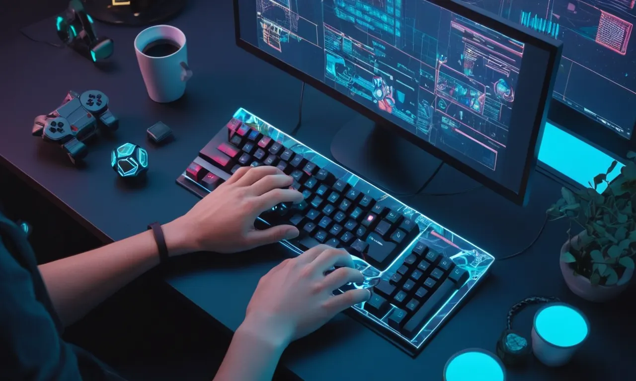 Un desarrollador manos escribiendo código en una pantalla de computadora rodeada de elementos de juego y símbolos.