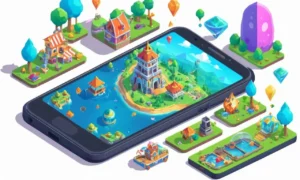 Un smartphone que muestra varios juegos móviles indie con colores brillantes y gráficos atractivos.