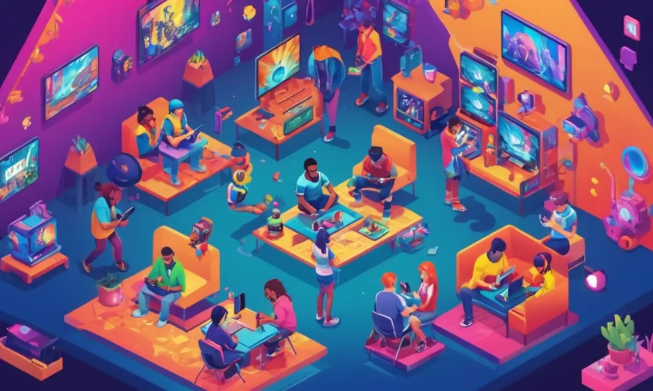 Un grupo diverso de jugadores jugando juegos móviles en sus dispositivos en un fondo vibrante y colorido.