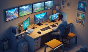 Un desarrollador de juegos sentado en un escritorio