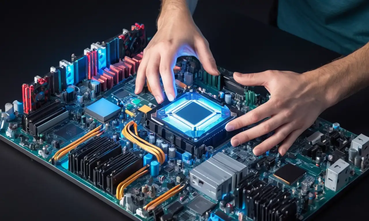 Las manos de los jugadores sostienen un potente procesador con varios componentes de hardware y mods que los rodean.