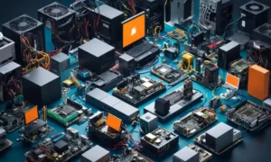 Una persona rodeada de varios componentes de hardware de computadora