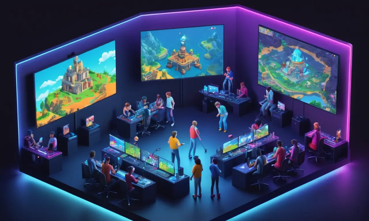 La gente jugando videojuego multijugador juntos en pantallas grandes.