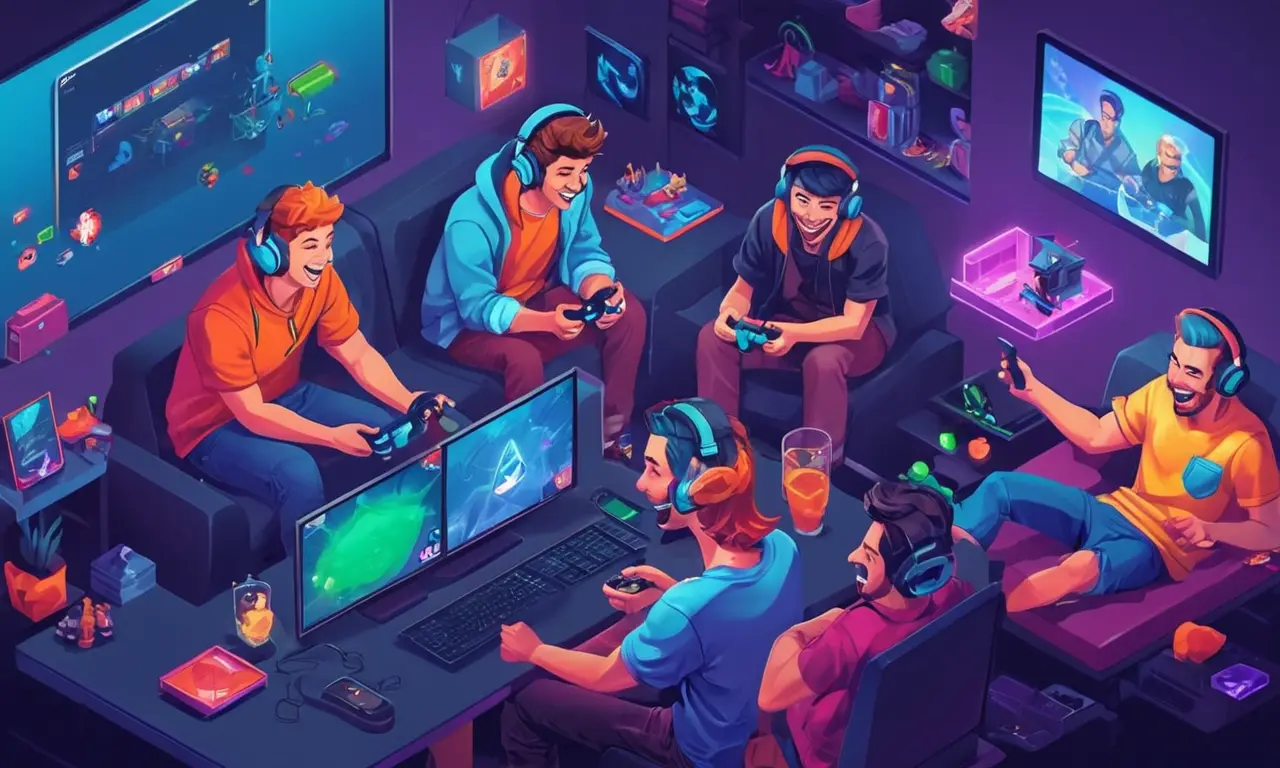 Un grupo de jugadores riéndose juntos en línea mientras juegan juego multijugador.