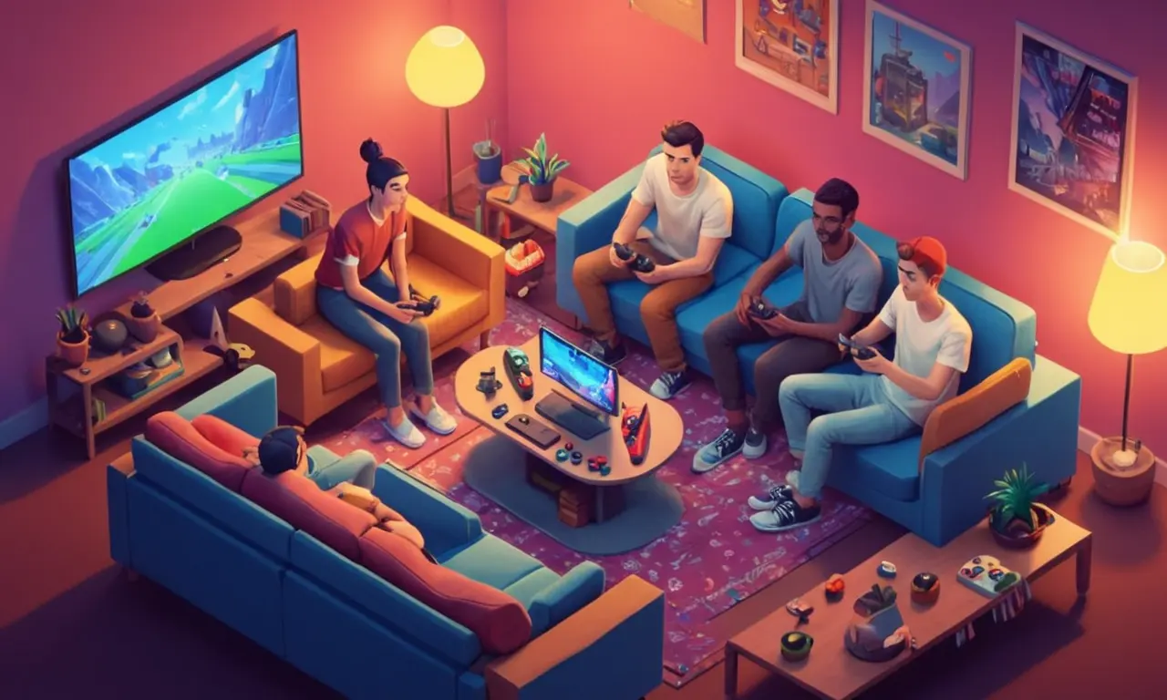 Un grupo de amigos jugando videojuegos juntos en un sofá.