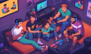 Un grupo de amigos riéndose mientras juegan videojuegos juntos en línea.