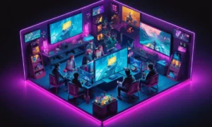 Un grupo de jugadores se reunieron alrededor de una pantalla
