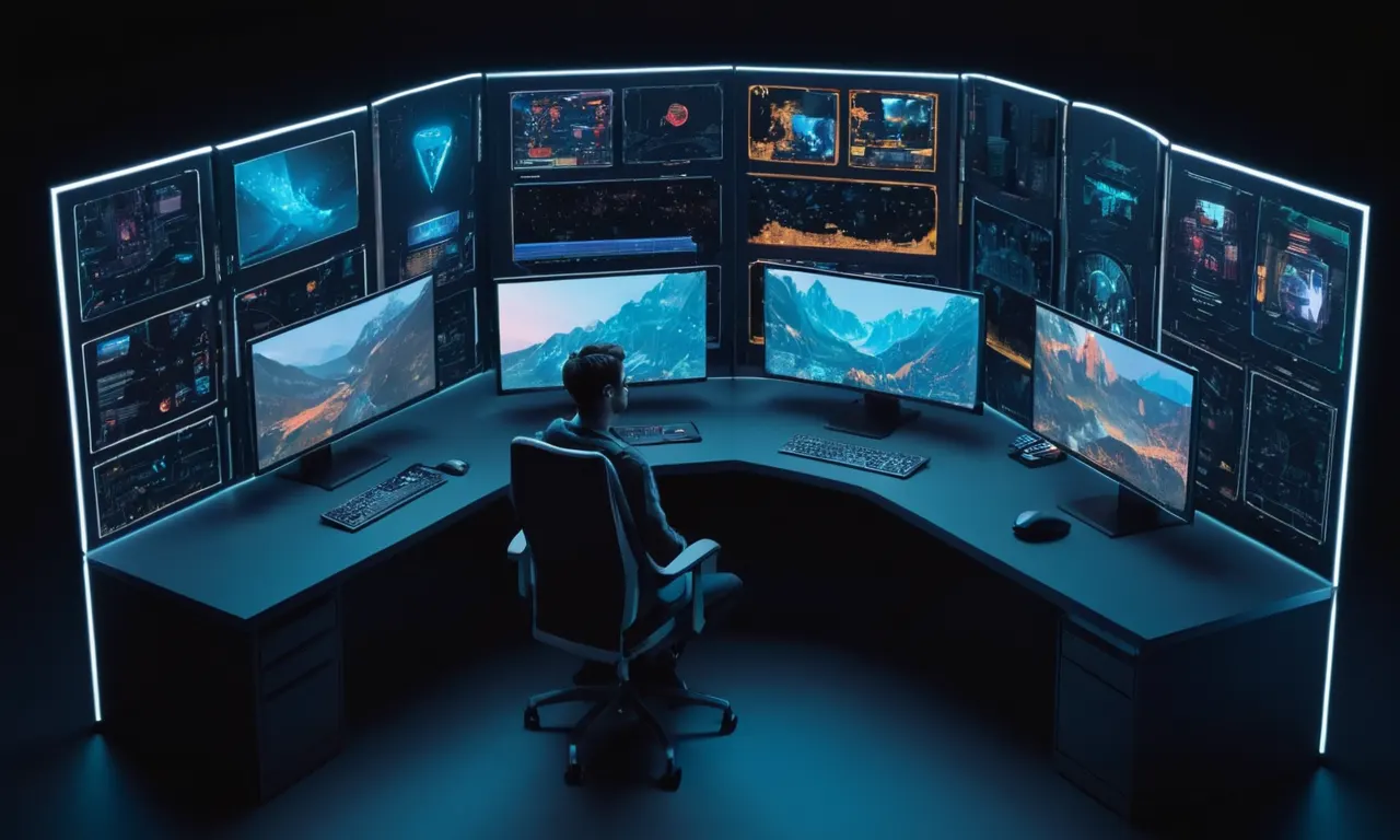 Una persona sentada en un escritorio de computadora, con múltiples pantallas que muestran interfaces de codificación y juego.