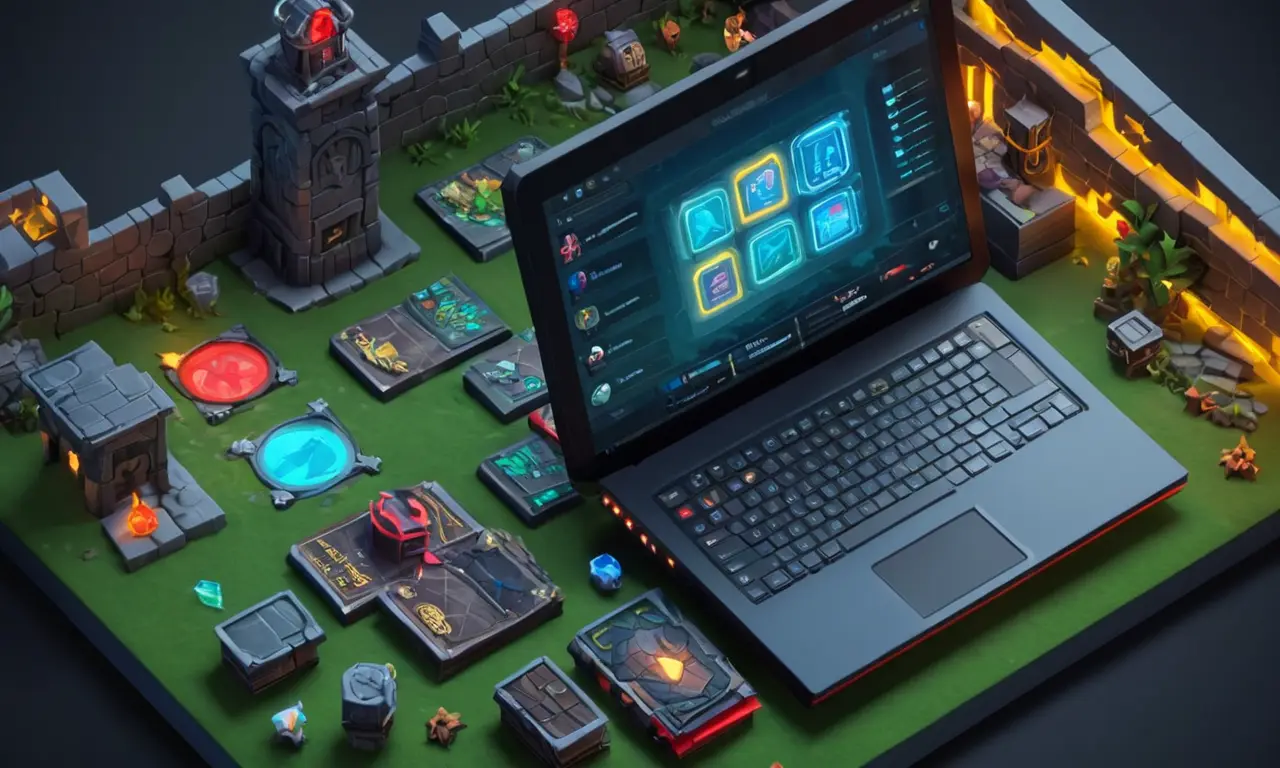 Un portátil de jugadores abierto a una guía de estrategia con iconos de botín y capturas de pantalla en el juego.