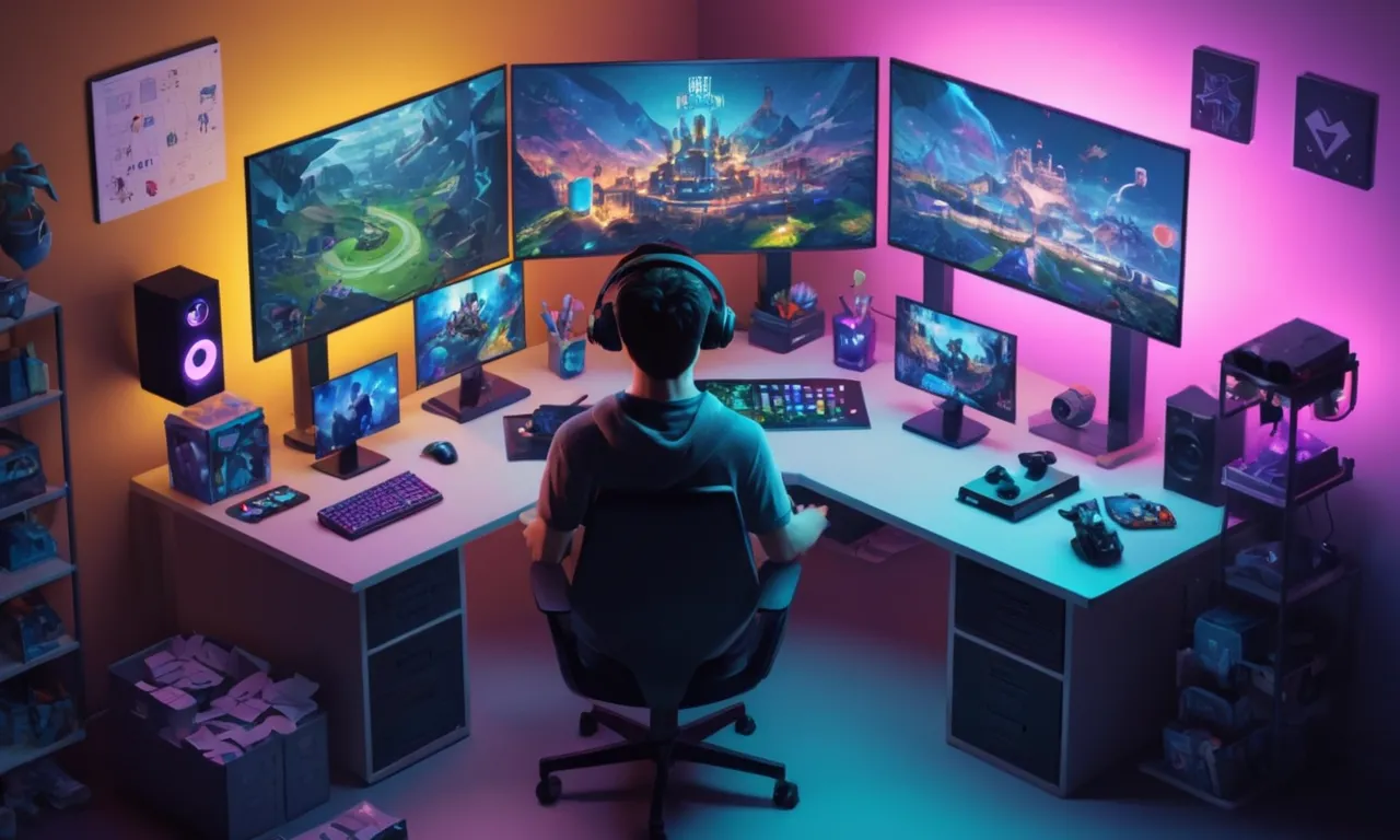 Un jugador sentado en su escritorio rodeado de pantallas de juego y notas en botas de varios juegos.