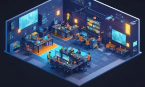 Los desarrolladores de juegos discuten mecánica de juego en una pizarra en un moderno estudio de juego.