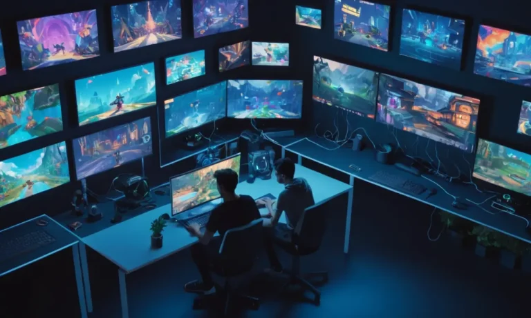 Un jugador jugando en un portátil mientras que rodeado de pantallas mostrando el juego multijugador en línea.
