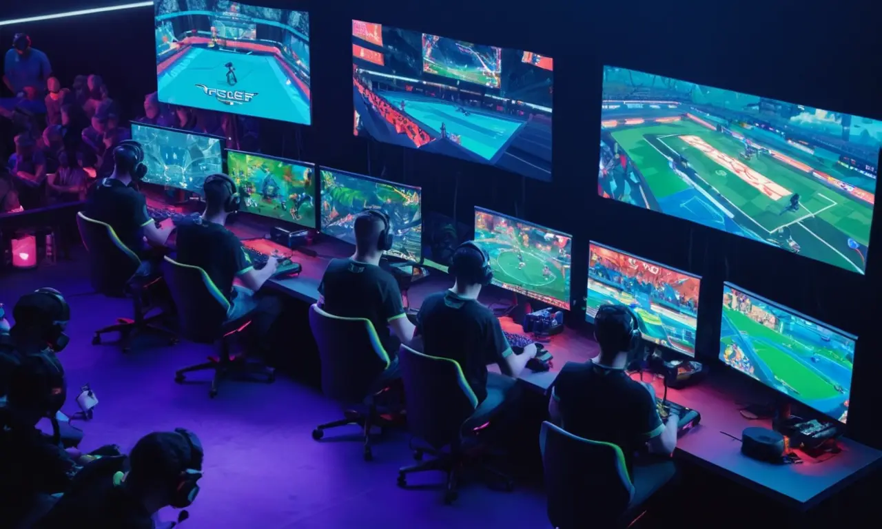 Los jugadores de Esports compitiendo delante de pantallas mostrando varios juegos.