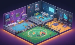 Una imagen de pantalla dividida que muestra diferentes ambientes de juego con ondas de sonido y diagramas técnicos en el fondo.